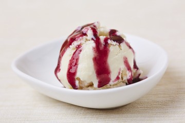 A scoop of fresh vanilla ice cream with home-made cherry sauce