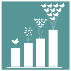 Vector images of birds and business graph on blue background