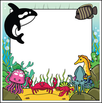 whale,angelfish,sea horse,jellyfish,crab,shrimp,squid frame with underwater