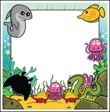 shark, butterflyfish, jellyfish, electric eel, manta ray, sea snail frame with underwater
