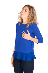 Beautiful woman doing different expressions in different sets of clothes: heart attack