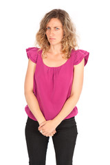 Fototapeta premium Beautiful woman doing different expressions in different sets of clothes: angry