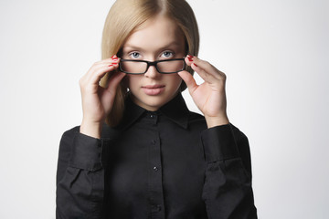 beautiful blond woman in glasses