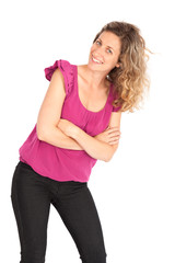 Beautiful woman doing different expressions in different sets of clothes: arms crossed