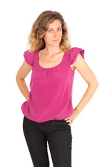 Obraz premium Beautiful woman doing different expressions in different sets of clothes: hands on chin