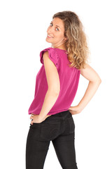 Beautiful woman doing different expressions in different sets of clothes: hands on chin