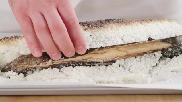 The salt crust being lifted off a salmon trout