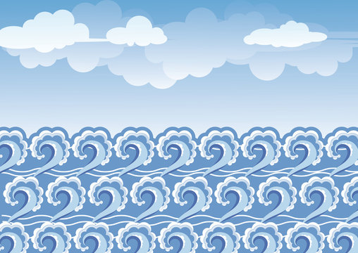 Vector illustration. Beautiful landscape sea and clouds sky.