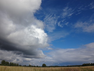 Белые облака над полем на сине-голубом летнем небе