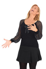 Beautiful woman doing different expressions in different sets of clothes: heart attack