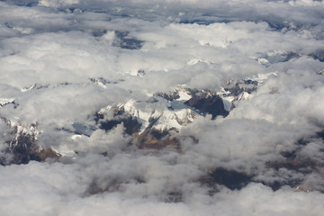 View of the Himalayas mountain range from the airplane window. New Delhi-Leh flight ,India.