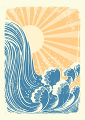 Naklejka premium Waterfall.Vector grunge blue water waves background with sun