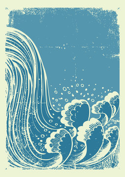 Waterfall.Vector grunge blue water waves  on old paper backgroun