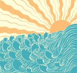Fototapeta na wymiar Abstract sea waves. Vector illustration of sea landscape with su