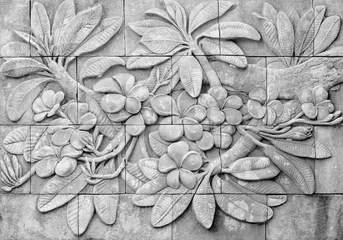 Fotobehang Low relief cement Thai style handcraft of plumeria or frangipani © gamjai