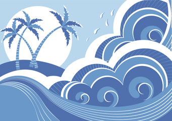 Fototapeta na wymiar sea waves and island. Vector graphic illustration of water seasc