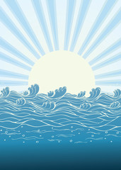 Naklejka premium Sea waves in sun day. Vector illustration of nature landscape