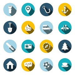 Colored icons with shadow for travel. Modern style.