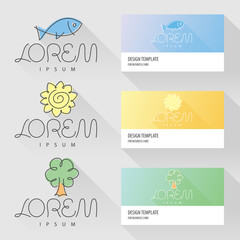 Fish sun and tree logo design elements with visit card template 