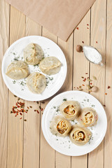 Traditional Georgian khinkali or dumplings, stuffed with meat on