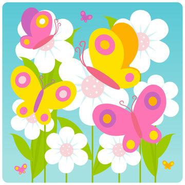Colorful butterflies flying around flowers in springtime. Vector illustration background.