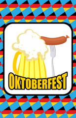 Oktoberfest. Mug of beer and Sausage on a background of blue rho
