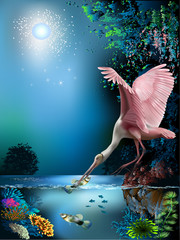 Landscape with pink bird 