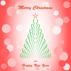 Green Christmas tree on red background with red, pink and white circles