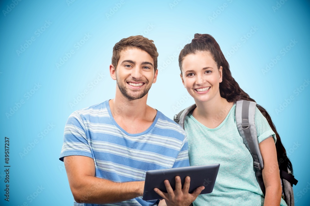 Poster composite image of students using tablet and smiling