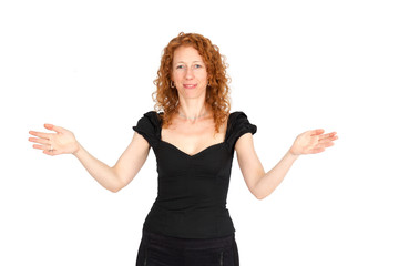 Fototapeta premium Beautiful woman doing different expressions in different sets of clothes: welcome