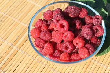 Basket with fresh ripe raspberries standing on a table in a garden
