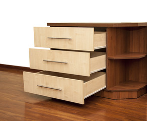 modern wooden nightstand on the floor in bedroom