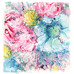 blue flower and pink peonies/ bouquet of flowers/ watercolor painting
