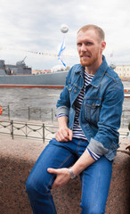  man   in St. Petersburg during the parade of the Navy
