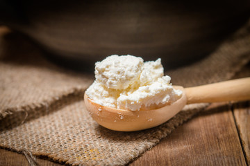 Fresh cottage cheese in a wooden spoon