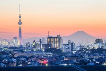 Fotobehang Uitzicht op de stad Tokyo met Tokyo skytree en mountain fuji © torsakarin