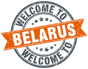 welcome to Belarus orange round ribbon stamp