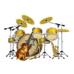 Fototapeta na wymiar vector illustration instruments jazz band drums, guitar, saxophone and trumpet, isolated object on a white background, can be placed on any graphics work both individually and as a whole.