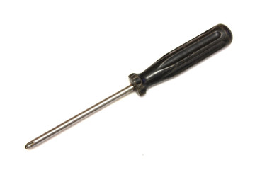 Old black screwdriver on white background