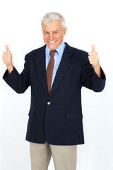 Handsome man doing different expressions in different sets of clothes: thumbs up