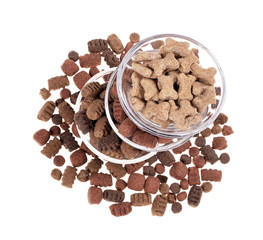 Dog food in a three bowl .