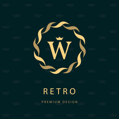 Monogram design elements, graceful template. Elegant line art logo design. Letter emblem W. Retro Vintage Insignia or Logotype. Business sign, identity, label, badge, Cafe, Hotel. Vector illustration