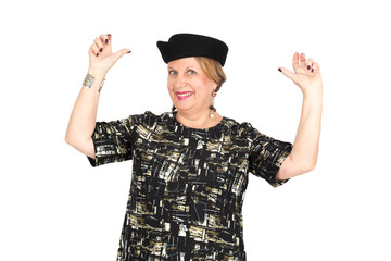 Beautiful woman doing different expressions in different sets of clothes: arms raised