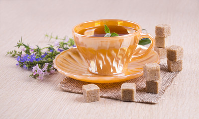 Orange cup of tea with pieces of sugar cane standing on each other, blue and pink flowers and mint leaves.