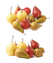 Pile of green, red, yellow pears isolated