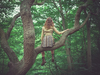 Obraz premium Young woman sitting in tree in the forest