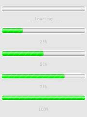 Green progress, loading or download/upload bars, empty, 25 %, 50 %, 75 %, 100 %