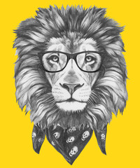 Hand drawn portrait of Lion with glasses and scarf. Vector isolated elements.