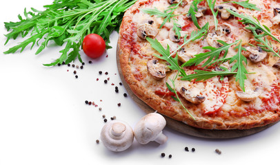 Tasty pizza with vegetables and arugula isolated on white