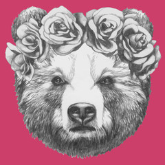 Hand drawn portrait of Bear with floral head wreath. Vector isolated elements.